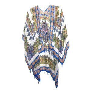Blue, White, Pink, Yellow Paisley Mandala Bohemian Ruana with Tassels - One Size